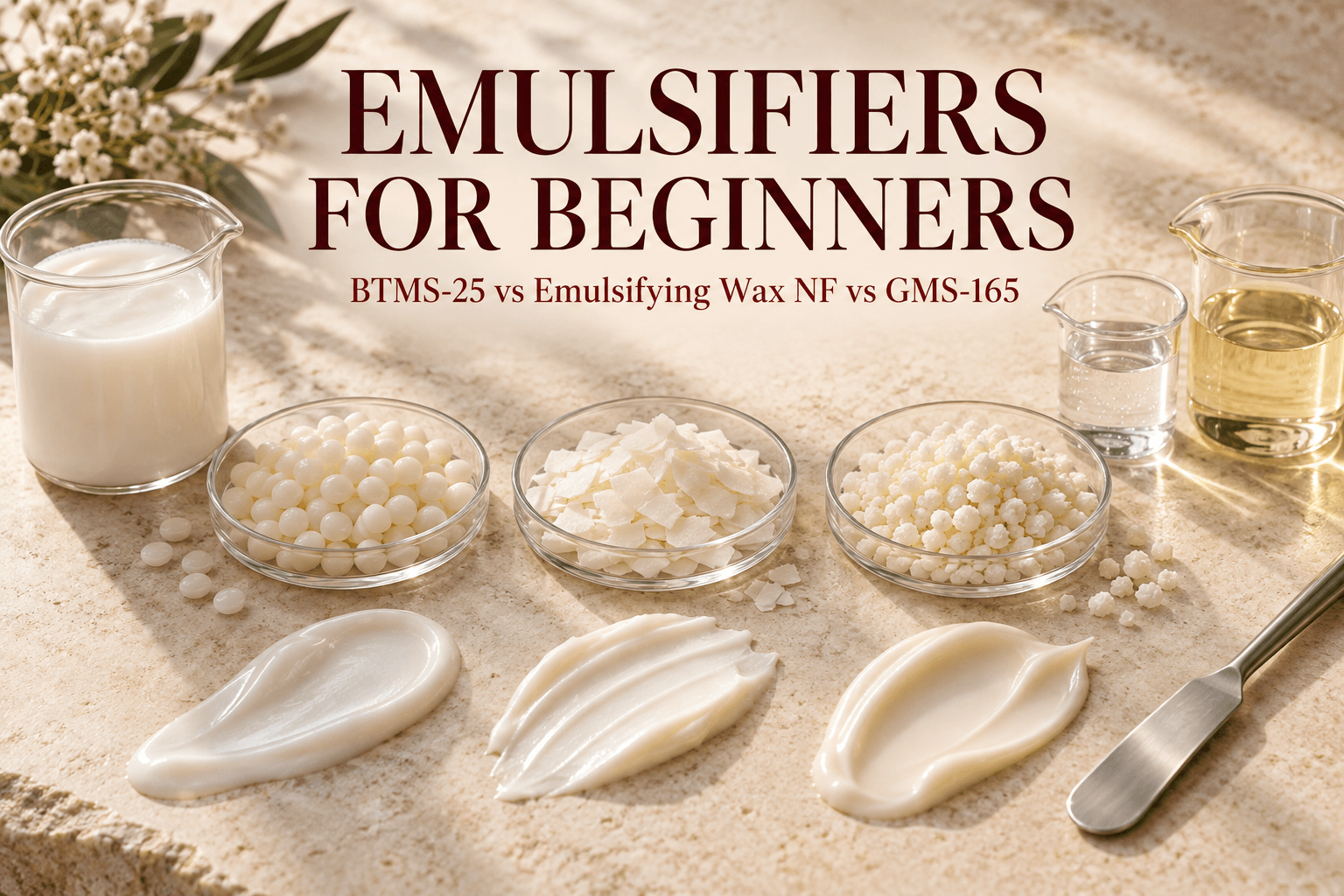 Emulsifiers for Beginners: BTMS-25 vs Emulsifying Wax NF vs GMS-165