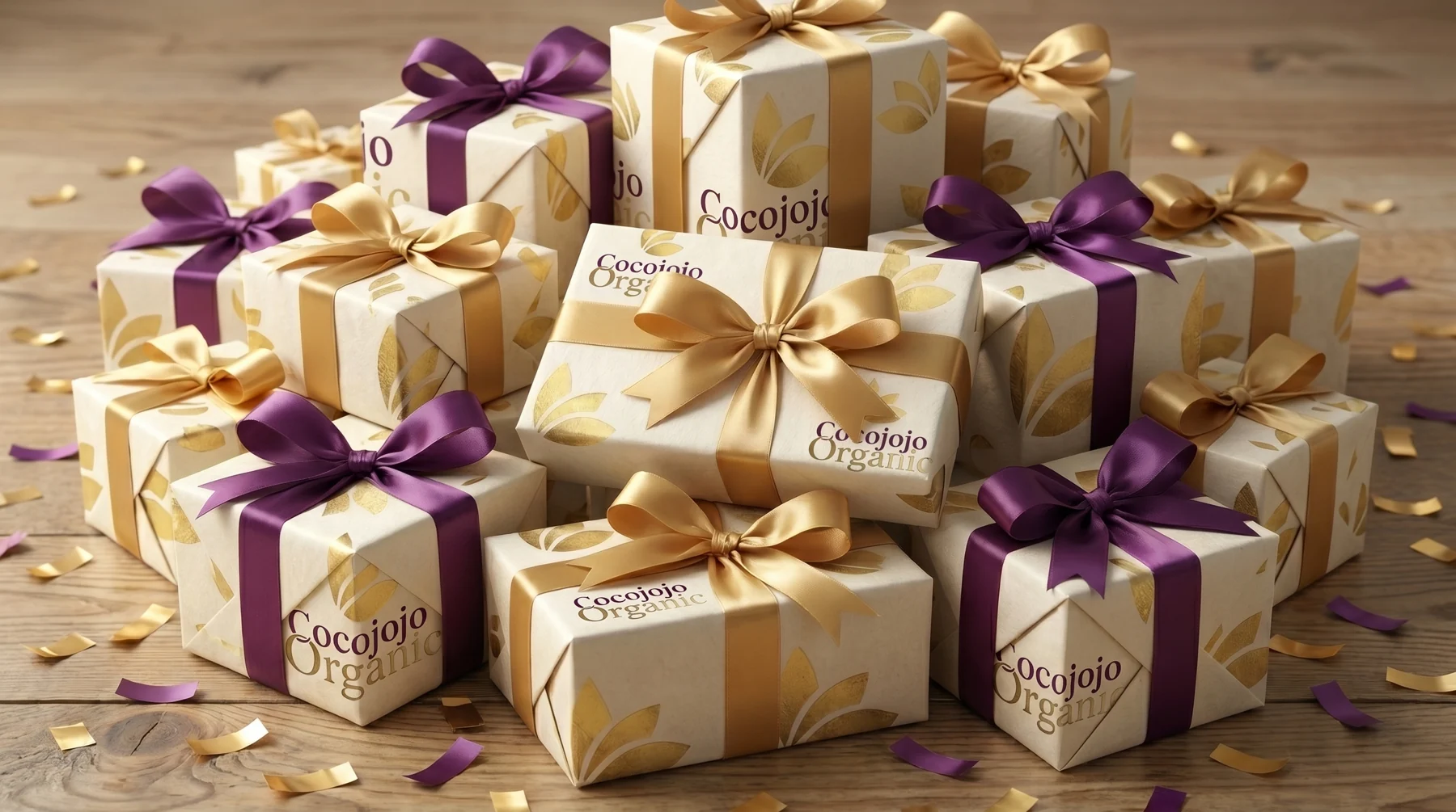 COCOJOJO gift boxes with purple and gold ribbons